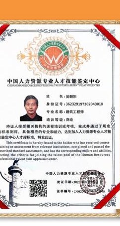 China Human Resources Professional Talent Skill Identification Center certificate