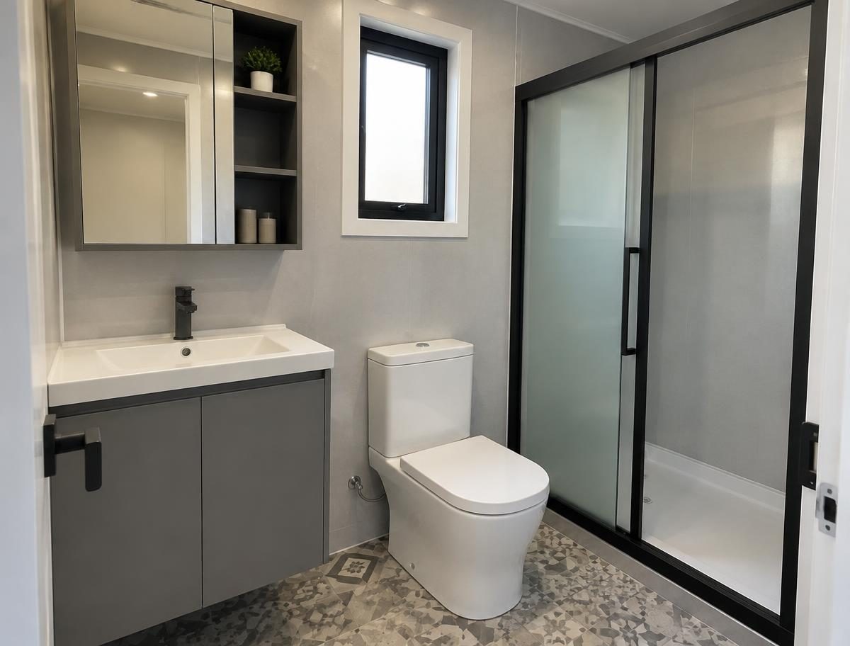 Container house bathroom with vanity, toilet and frosted sliding shower screen