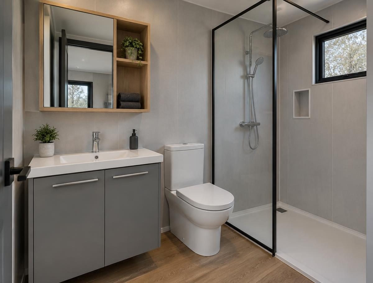 Container house bathroom with vanity unit, toilet and open shower area