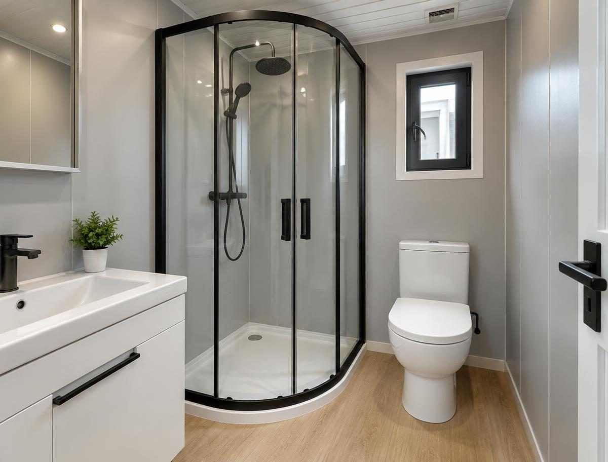 Container house bathroom with a curved glass shower cabin and vanity