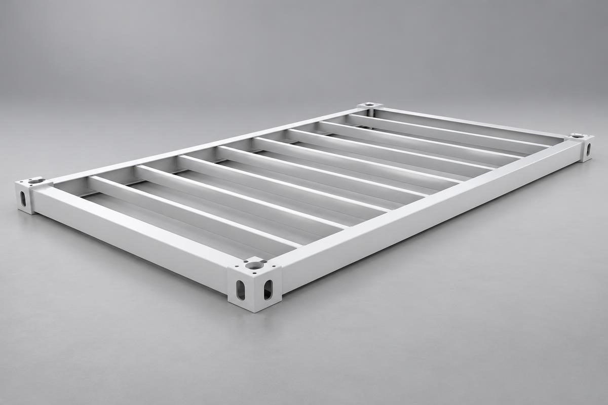 Steel bottom frame of a detachable container house laid out on the floor