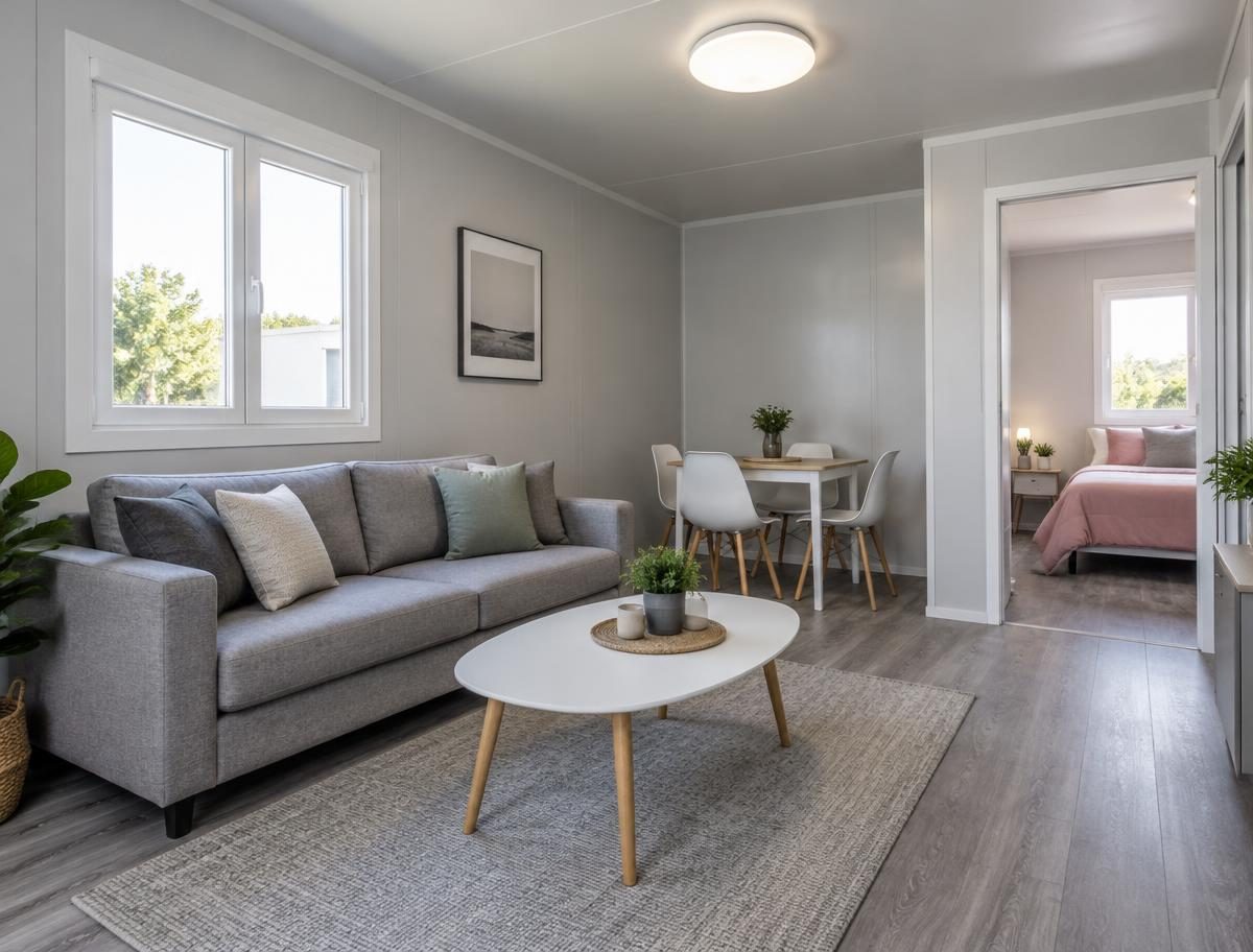 Interior of a one-bedroom two-living-room container house with sofa and dining table
