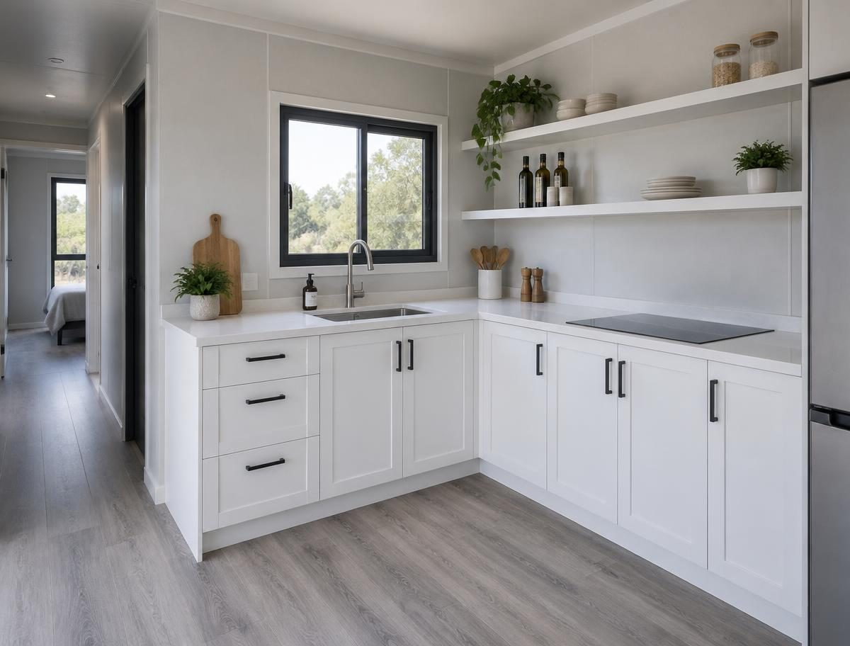 White L-shaped kitchen counter and cabinets inside a container house