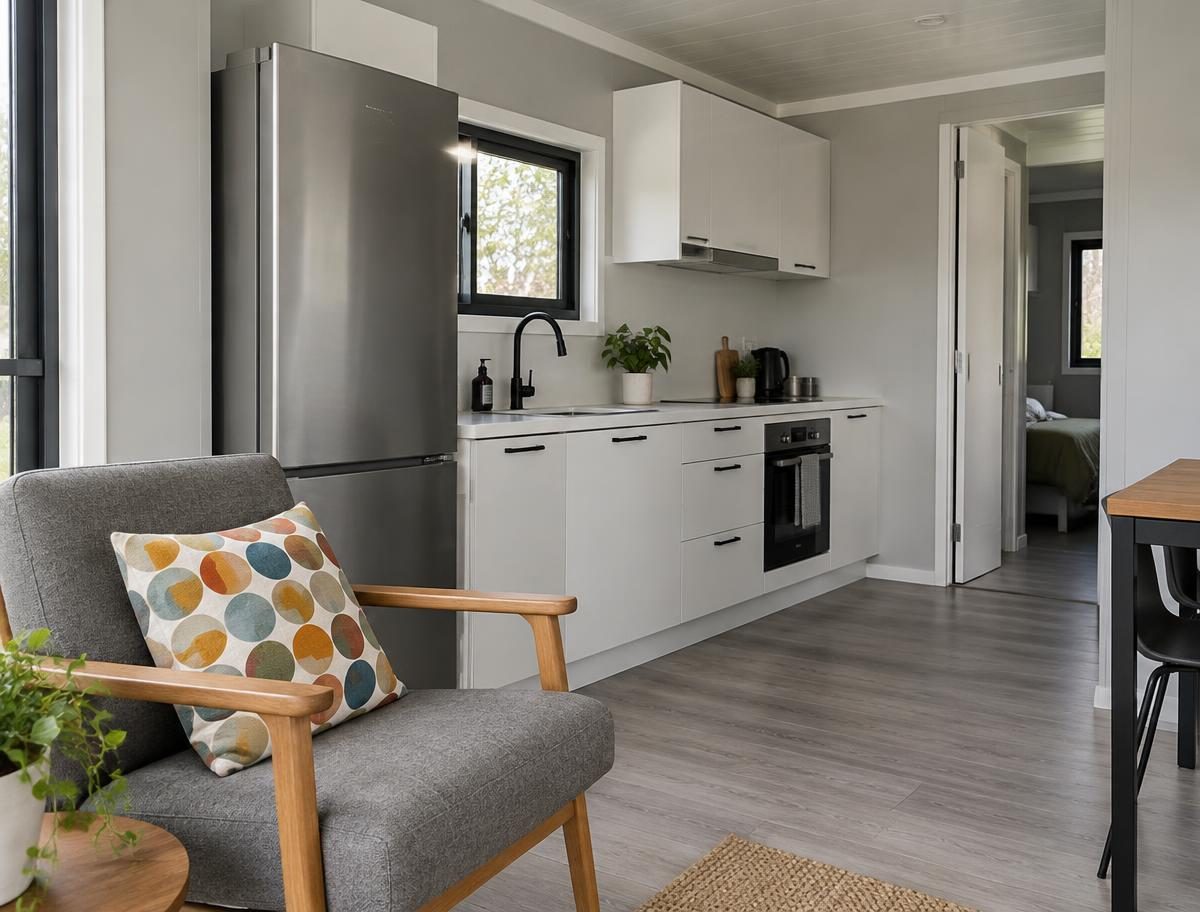 Fitted kitchen layout with fridge, sink and seating inside a container house
