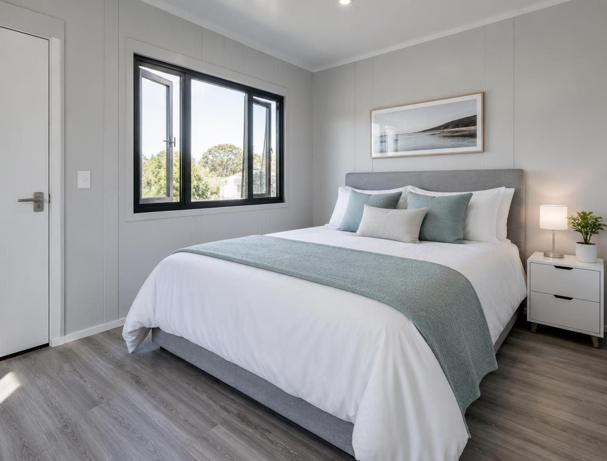 Master bedroom inside a container house with a double bed and casement window