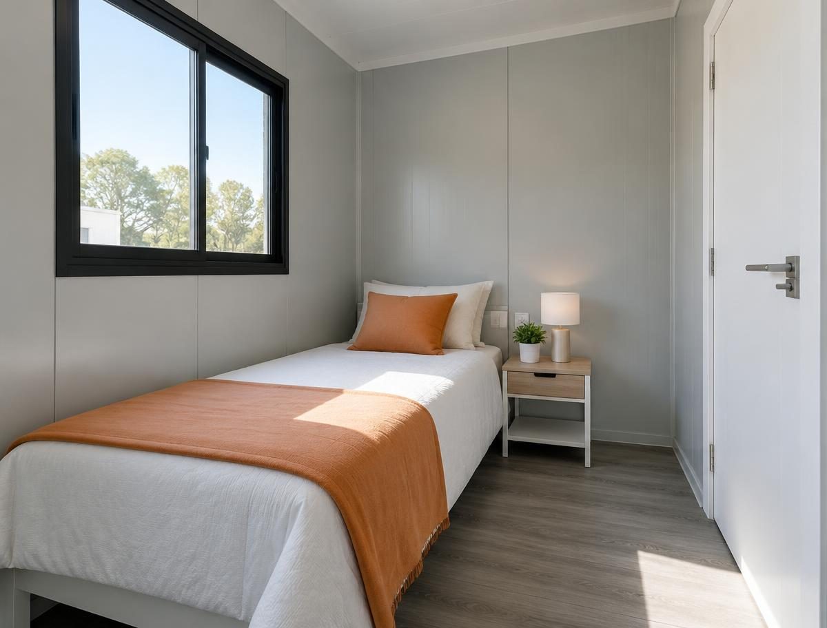 Side bedroom inside a container house with a single bed and window
