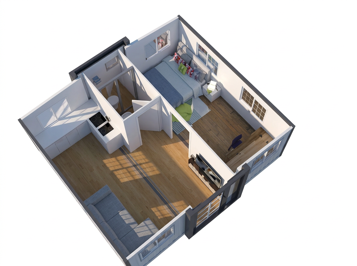 Cutaway floor plan render of a 20ft one-bedroom expandable container house