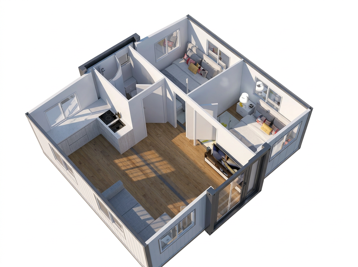 Cutaway floor plan render of a 20ft two-bedroom expandable container house