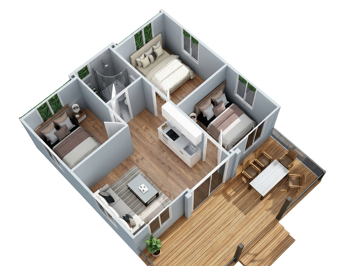 Cutaway floor plan render of a 20ft three-bedroom expandable container house with deck