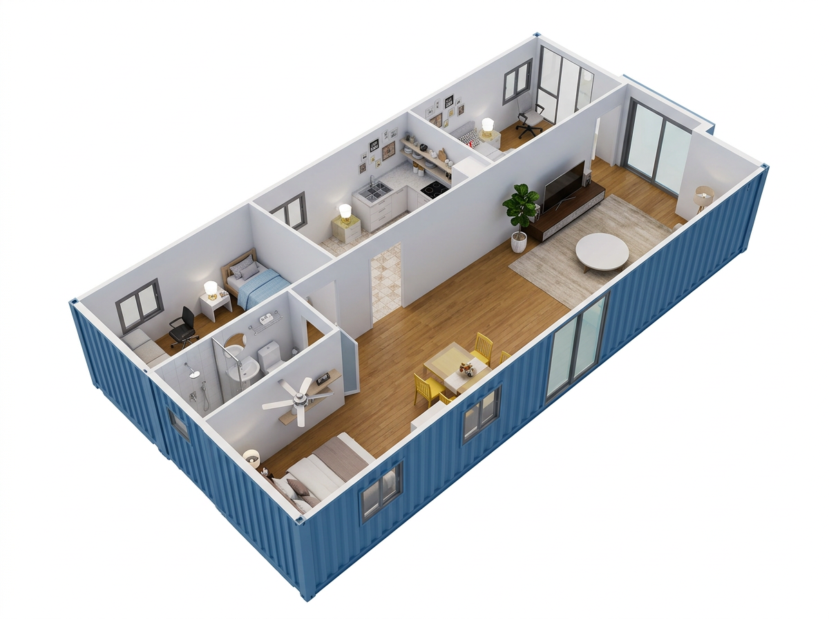 Cutaway floor plan render of a 40ft three-bedroom expandable container house