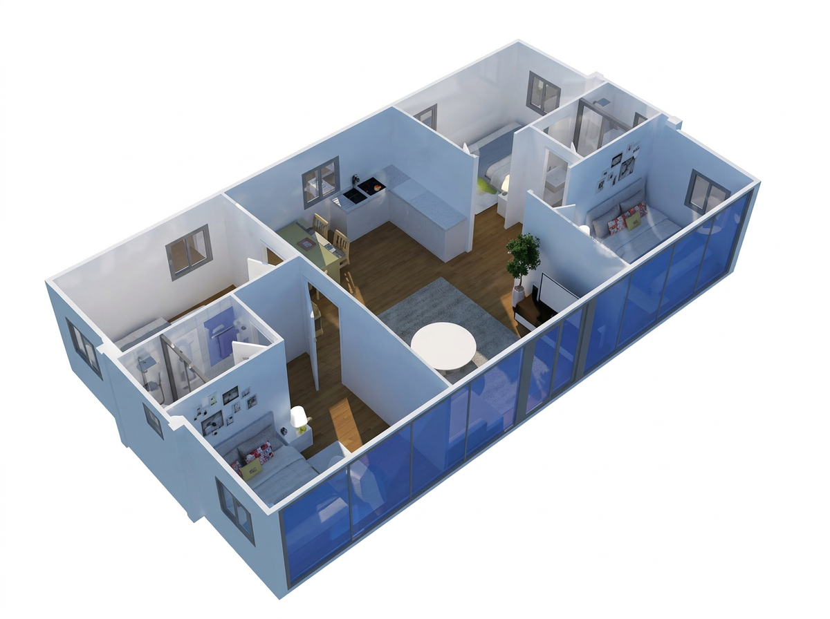 Cutaway floor plan render of a 40ft four-bedroom expandable container house