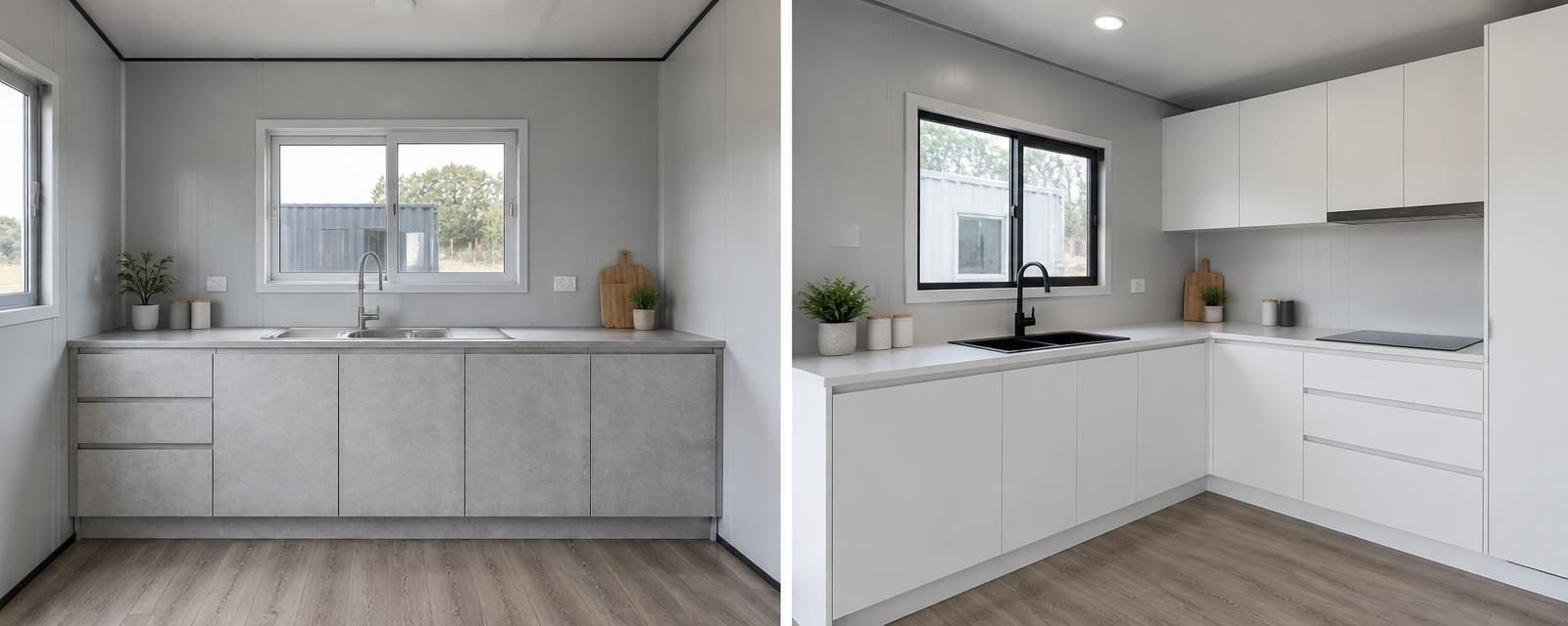 Fitted kitchen cabinet options installed inside container houses