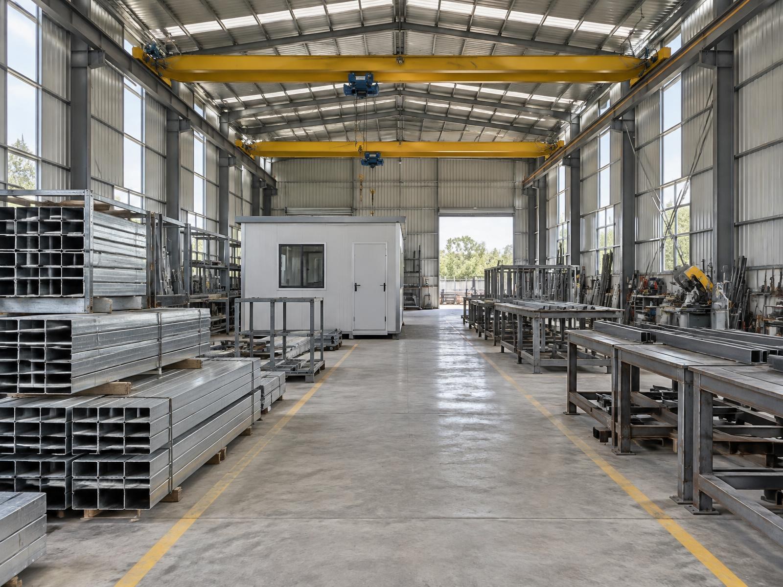 Illustrative steel housing workshop with overhead cranes and stacked profiles