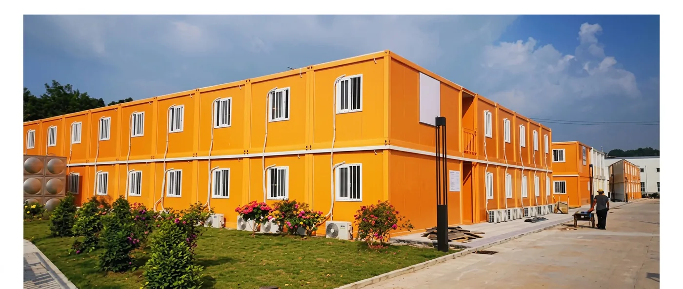 Orange multi-storey container house park with landscaped grounds