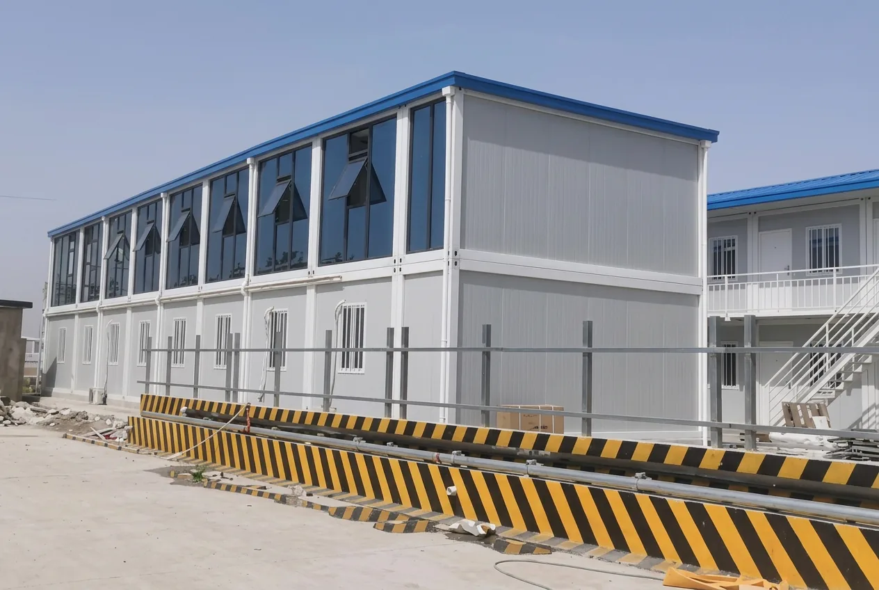 Two-storey blue and white staff dormitory built from container house units