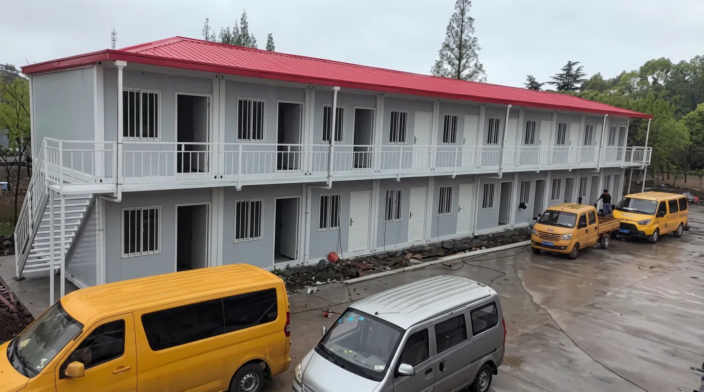 Two-storey red-roofed prefabricated motel built from detachable container units
