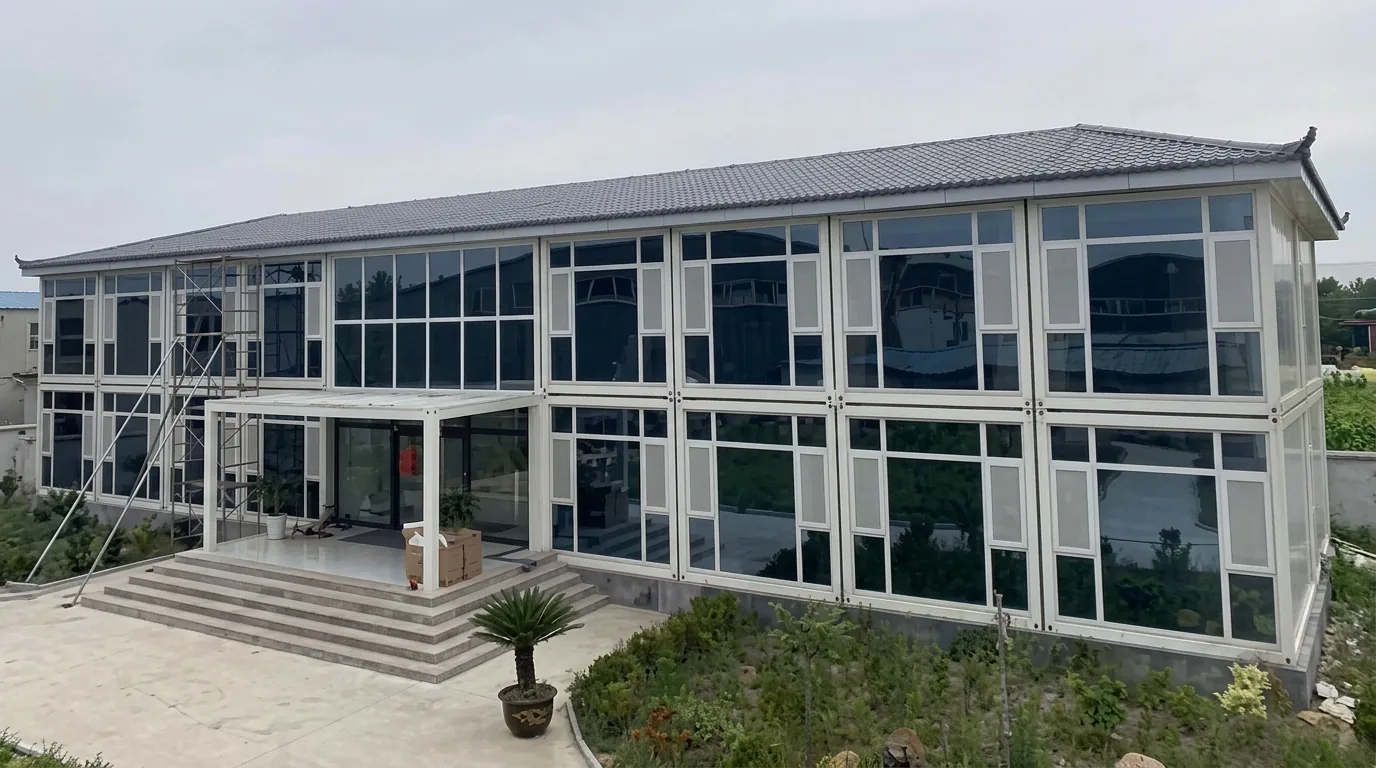 Two-storey glazed prefabricated office block built from container units