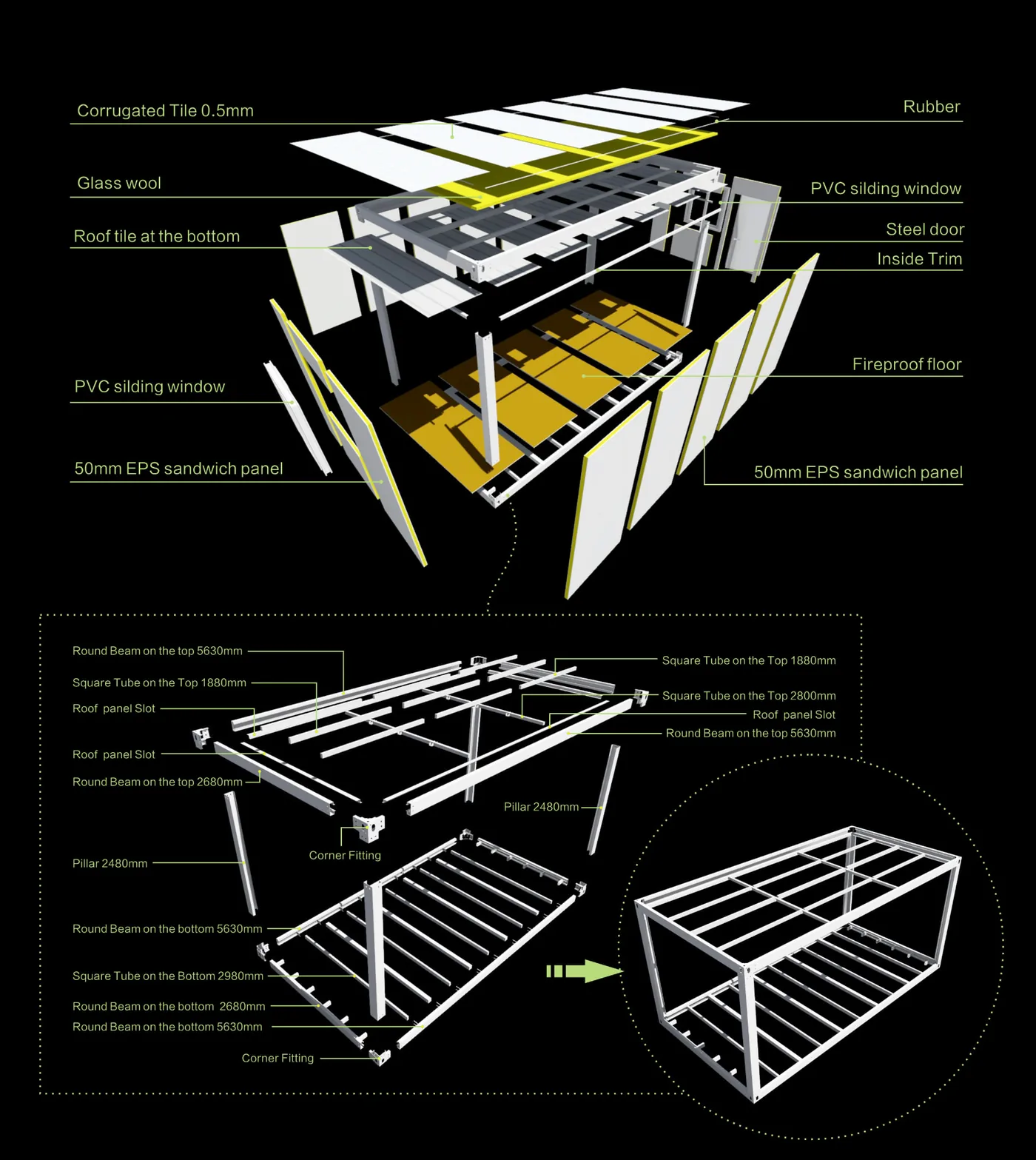 Exploded view of the roof, wall panels and fireproof floor, with a detailed breakdown of beams, pillars and corner fittings forming the steel frame