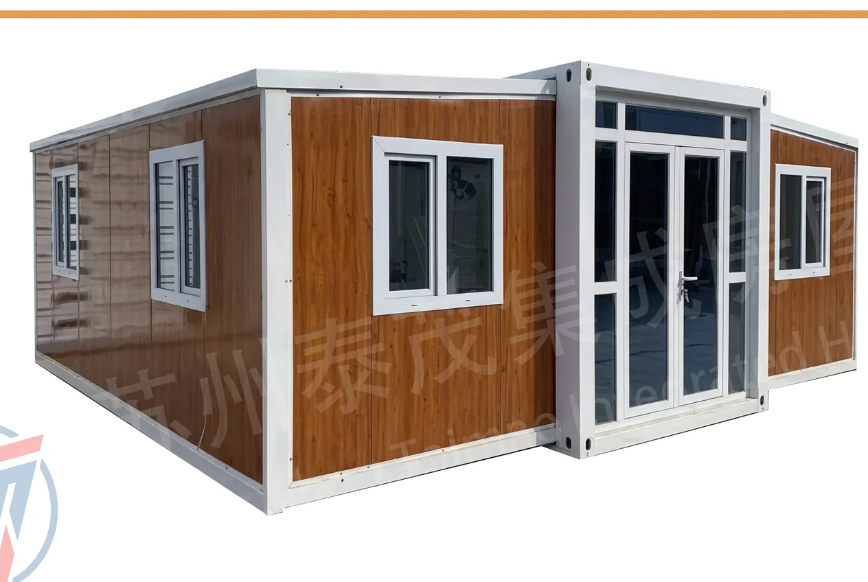 Timber-clad double-wing expandable container house with both wings extended and glass entrance doors