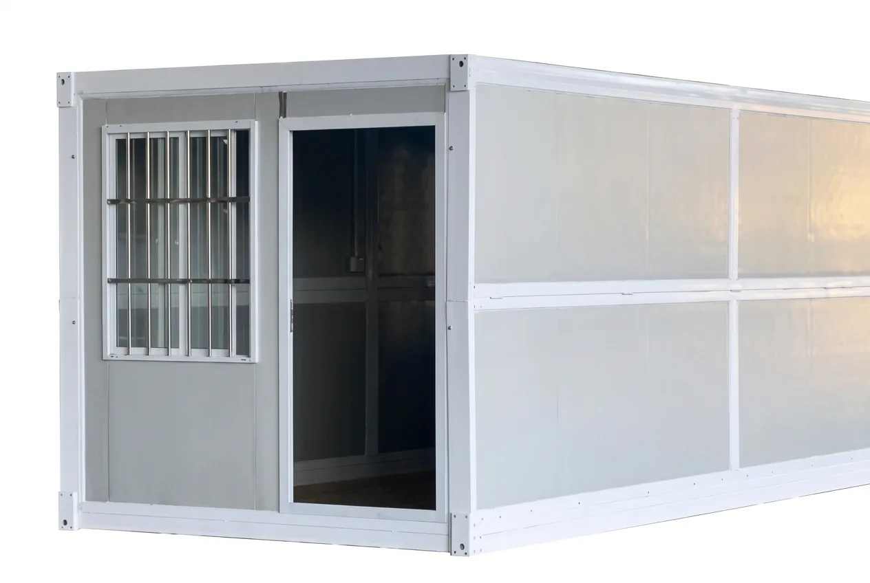 Grey 1400L export folding container house shown partly opened