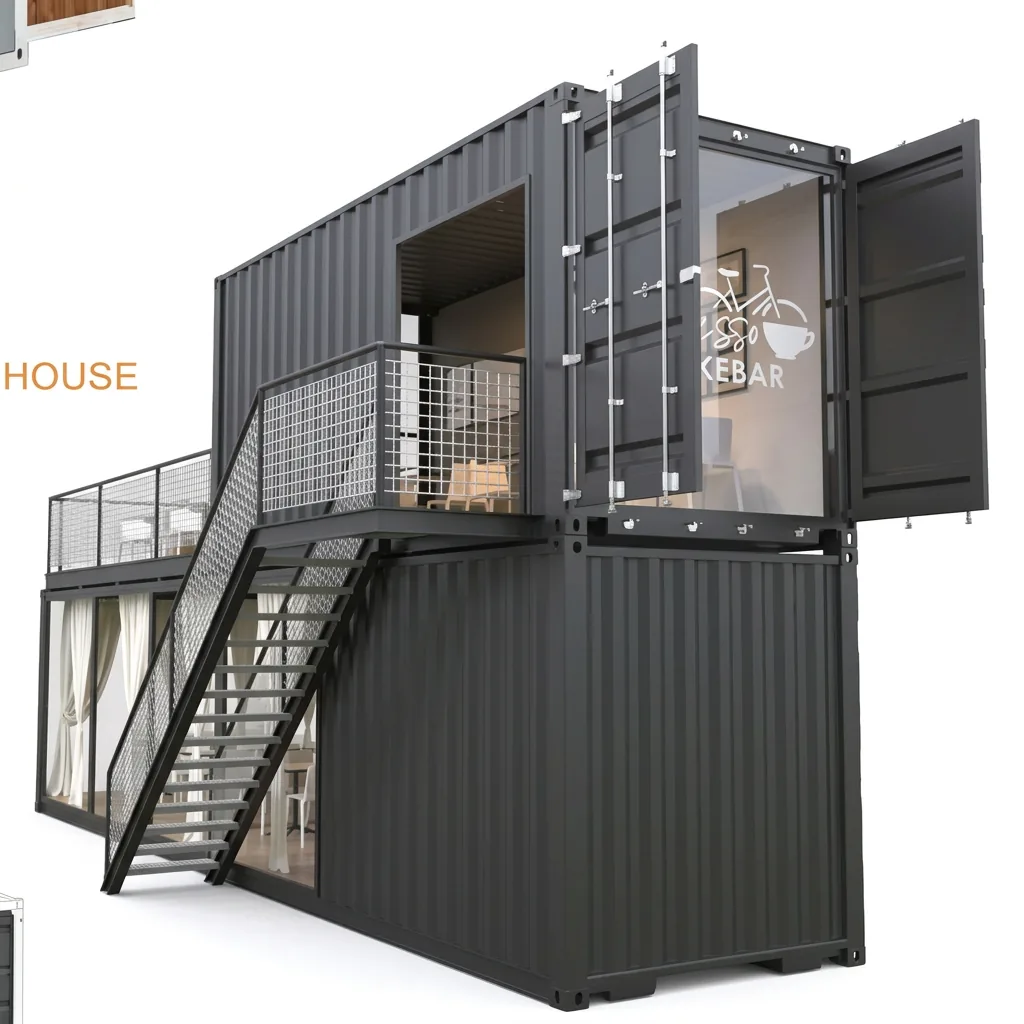 Two stacked dark shipping container houses converted into a café with external steel stair